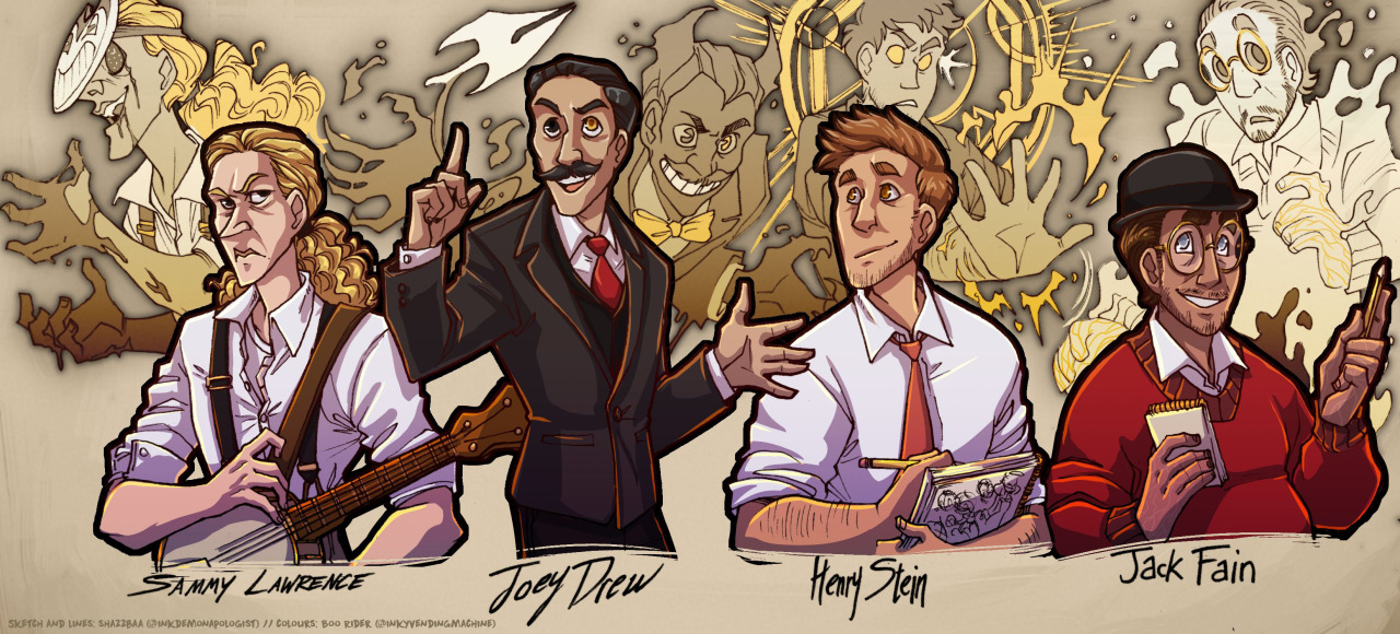 \[\[\(Archivist\) Half-body portraits of the four main characters, with ghostly images of their supernatural states (Prophet for Sammy, Joey/Bendy fusion for Joey, golden blood magic for Henry, and soul magic for Jack.\]\]