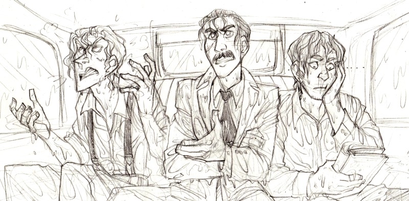 \[\[\(Archivist\) Sammy, Joey, and Henry, dripping wet and crammed into the backseat of a car. No one is happy about this.\]\]