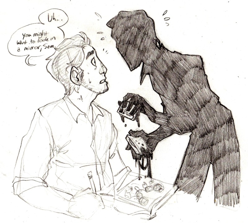 \[\[\(Archivist\) Sammy, who has turned into a black, dripping silhouette, showing his ID to Henry. Henry, looking very unsettled, is saying &ldquo;Uh&hellip; You might want to look in a mirror, Sam.&rdquo;\]\]